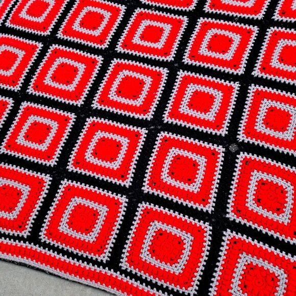 Vintage Granny Square Knit Afghan Crochet Blanket Throw Red  Vintage Granny Square Knit Afghan Crochet Blanket Throw Red Gray Black 58×47\